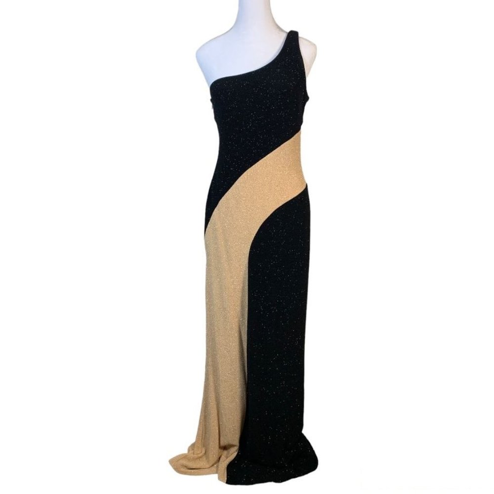 Women´s Maxi Dress One shoulder black & gold sparkle gown Size 13-14